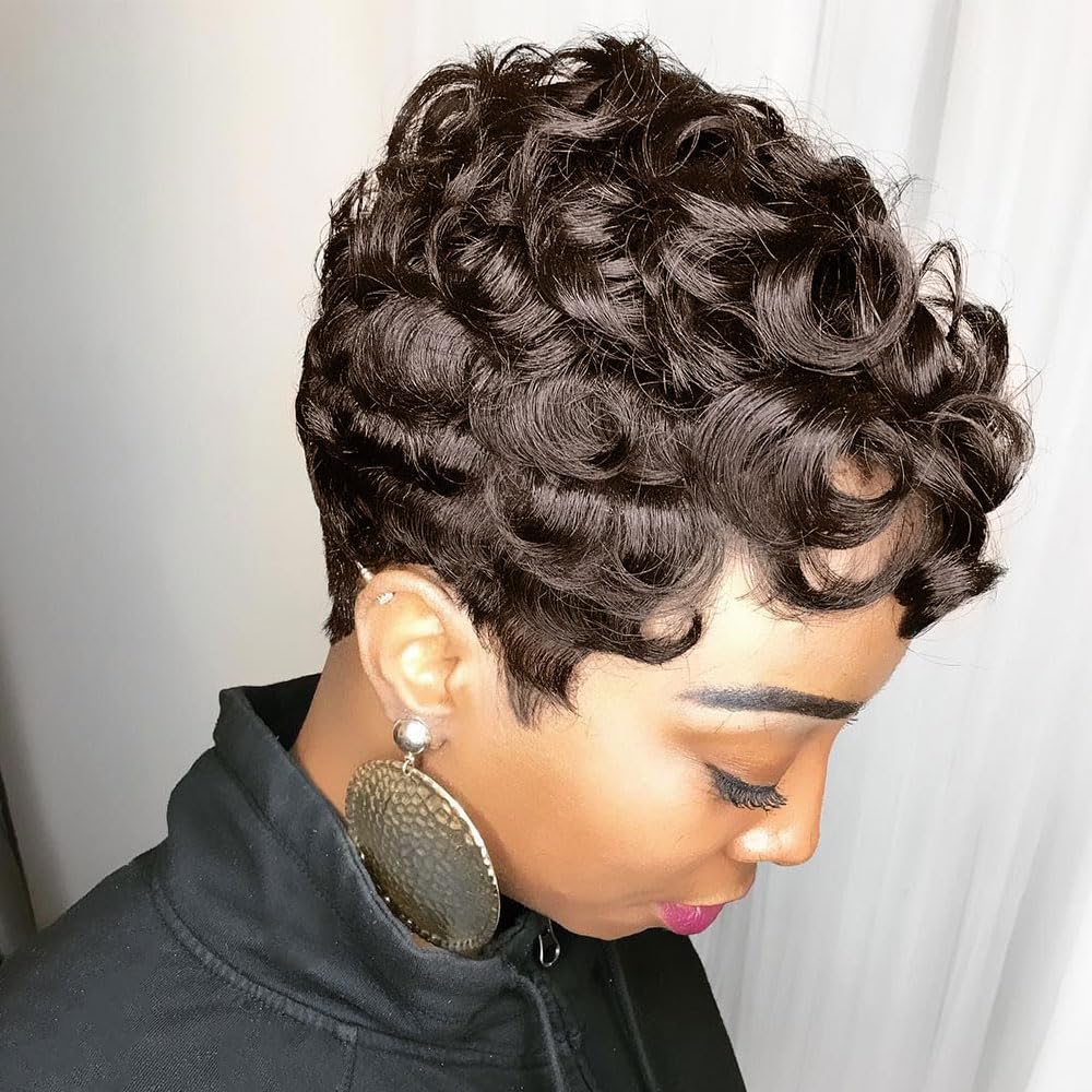 Moonshow Brown Pixie Cut Wig - Short Curly Synthetic Wig With Bangs For Black Women