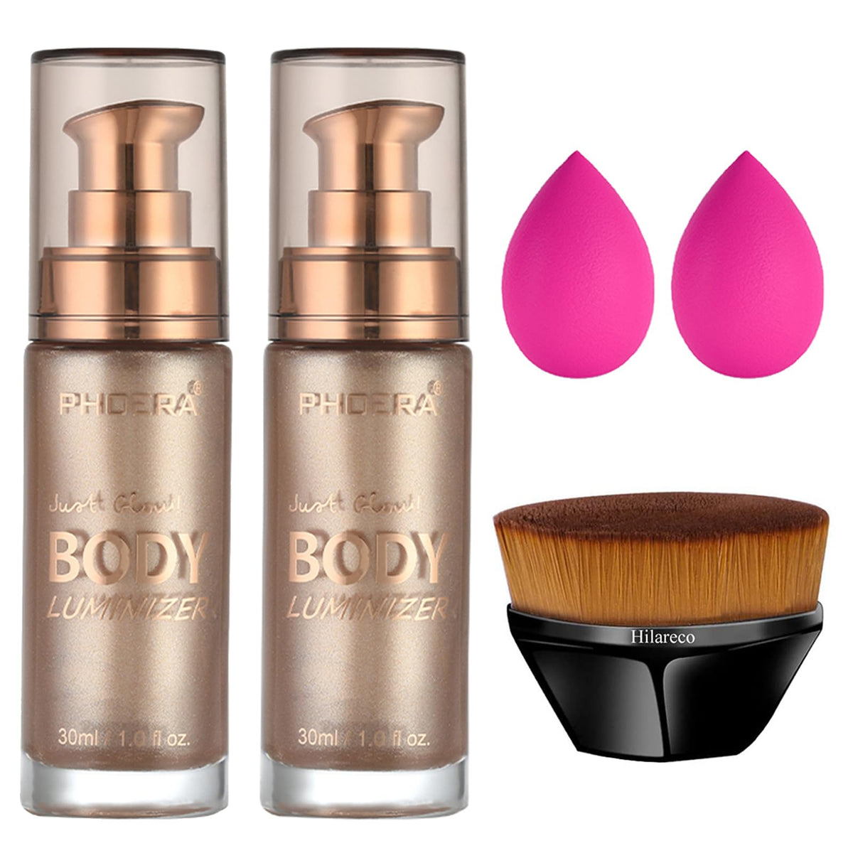 Hilareco PHOERA Body Shimmer Oil & Bronzer, 1oz Rose Gold - Illuminator with Makeup Brush (2PCS