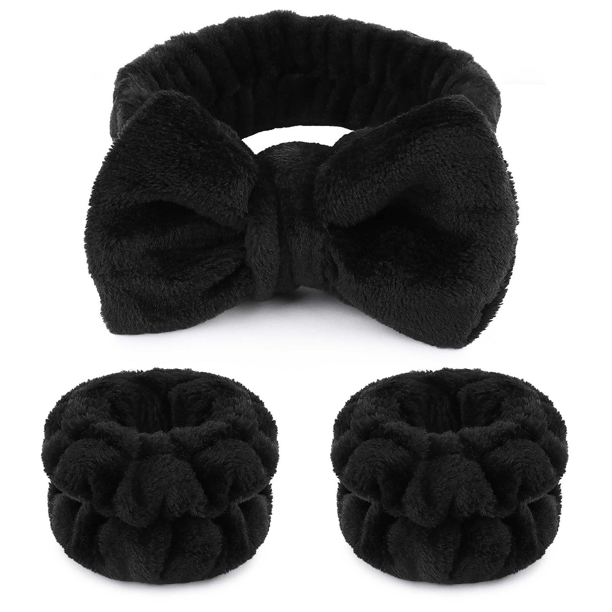 WSYUB Black Makeup Headbands Set - Fluffy Bow Tie & Absorbent Wristbands for Face Care, 3 Pcs