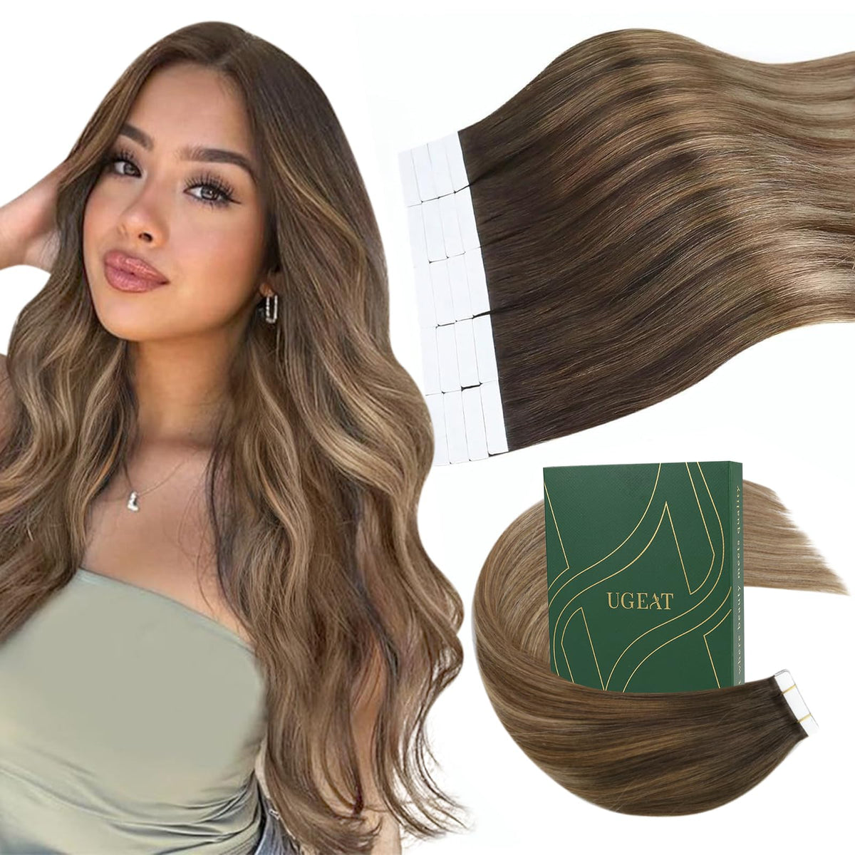 Ugeat 14&quot; Balayage Tape in Extensions - Dark Brown to Golden Blonde, Real Human Hair, 20Pcs 