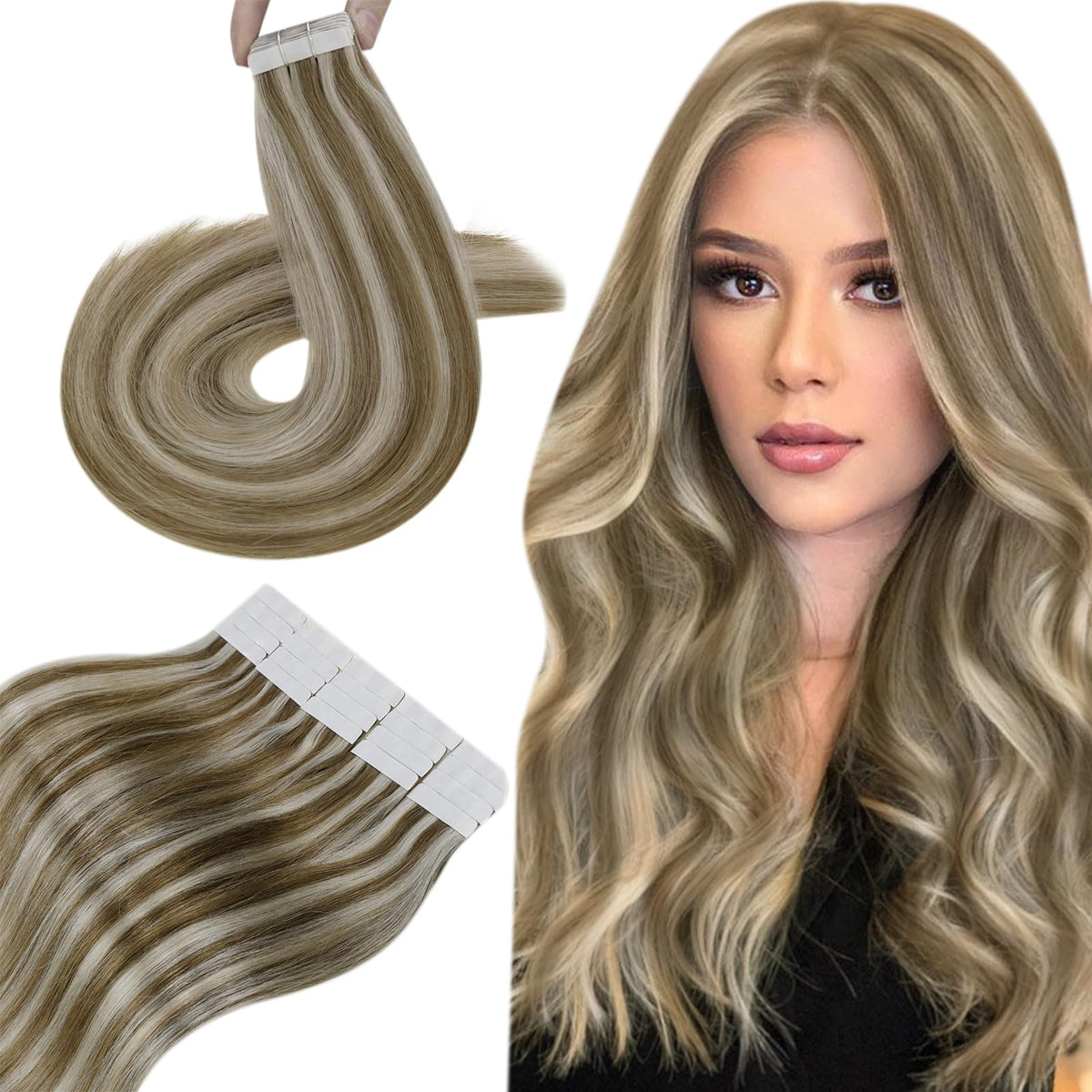 Hetto Tape In Hair Extensions, 18 Inch Human Hair, Golden Brown Highlight #10/613, 20Pcs