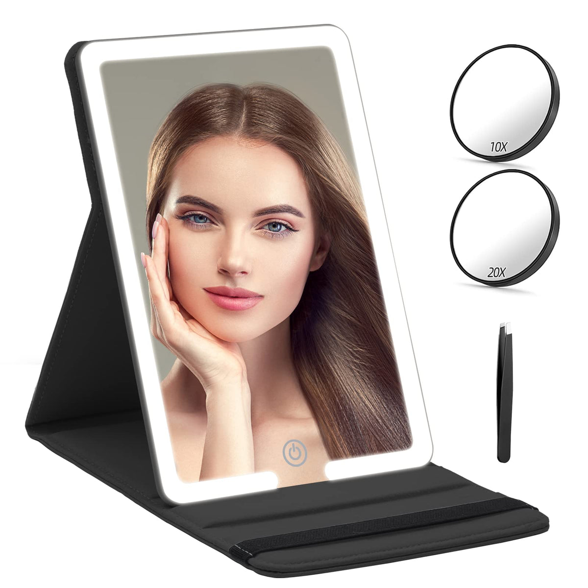 Rrtide Lighted Travel Makeup Mirror, 10X/20X Magnification, Pu Leather, 2000Mah Battery,