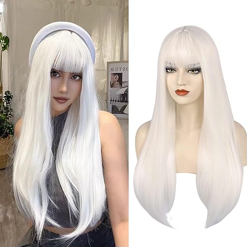 Anogol 26&quot; White Wig with Bangs - Long Straight Synthetic Hair Gojo Cosplay Wig for Women