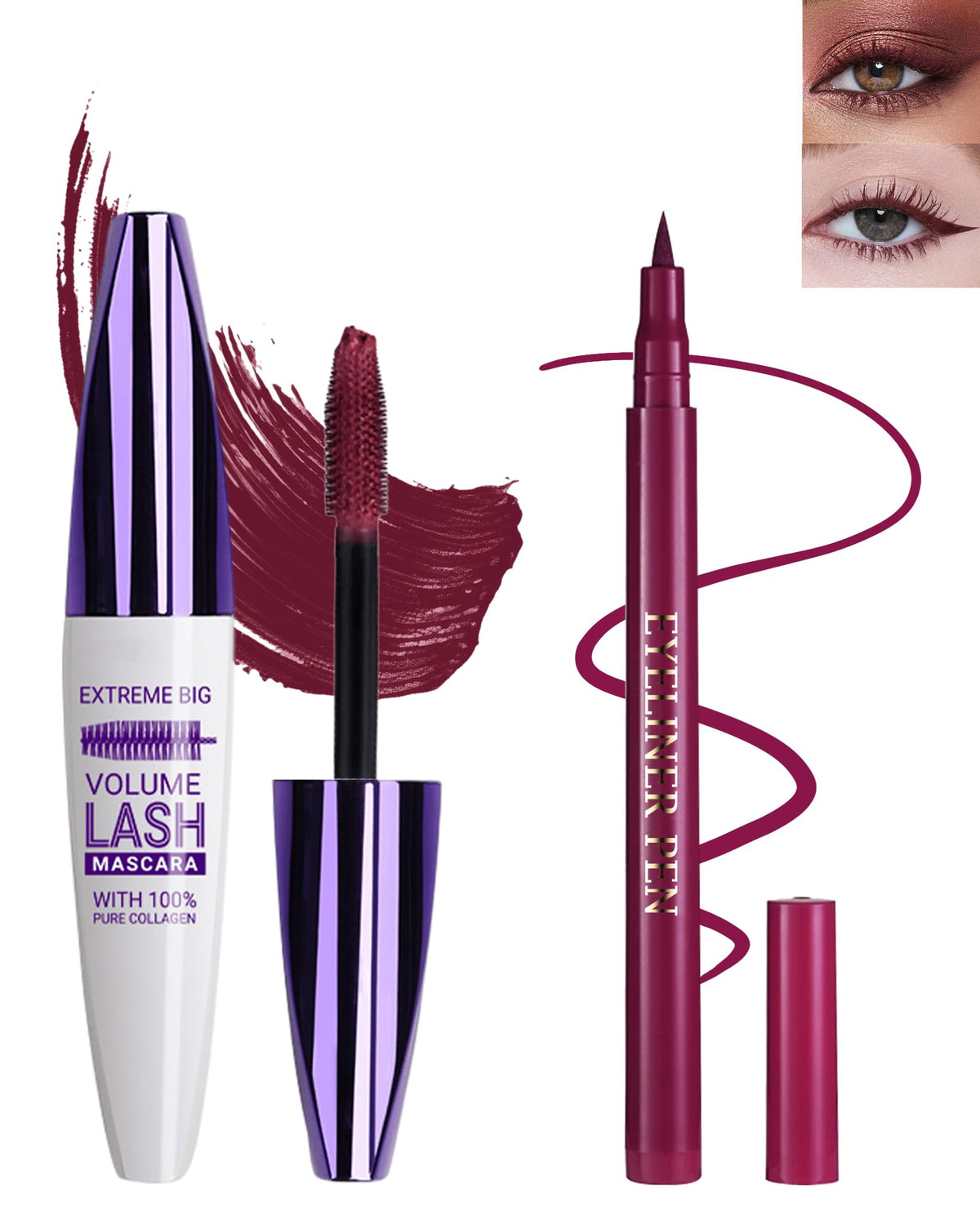 Lestpola Burgundy Waterproof Mascara & Eyeliner Set - 5D Silk Fiber Lash Extensions, Long-Lasting