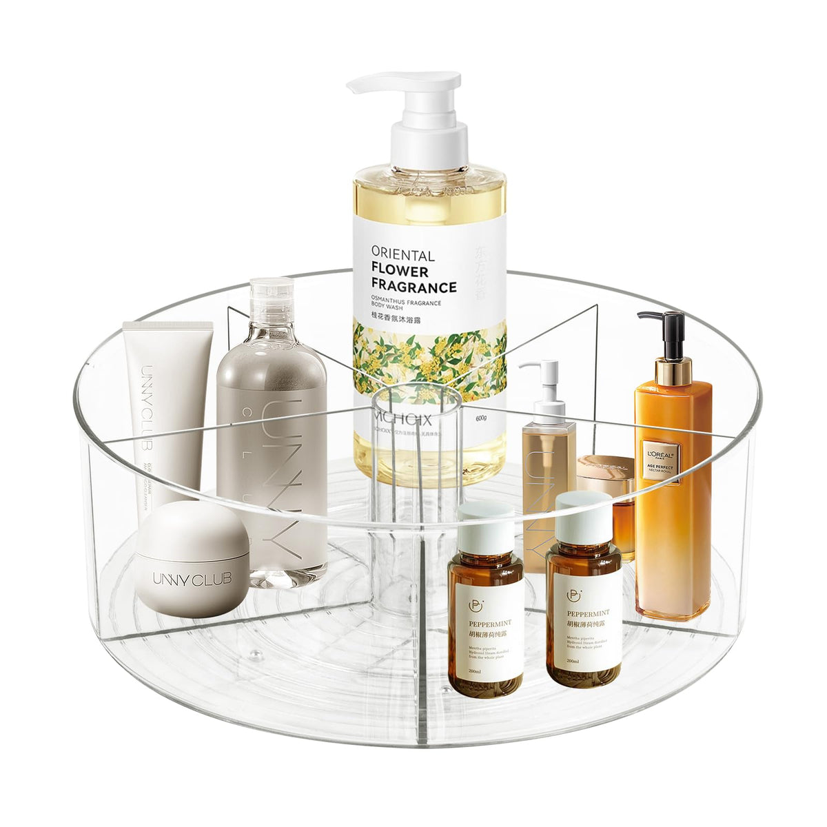 Dezzer 360° Rotating Makeup Organizer - Clear Acrylic Turntable With 5 Dividers For Skincare & Makeup