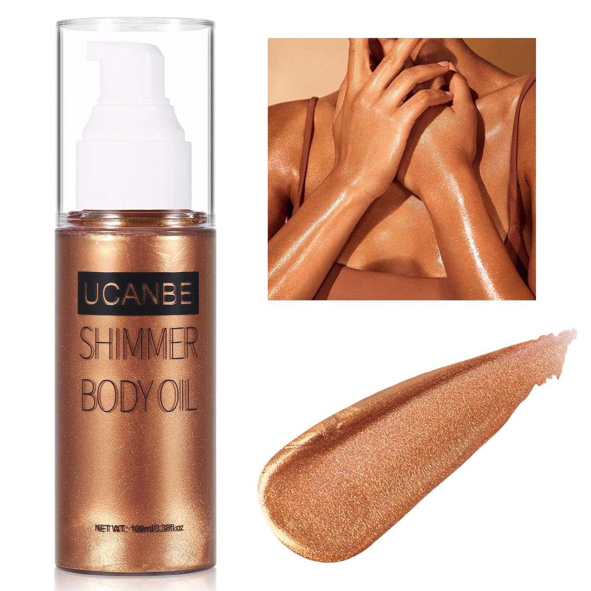 Ucanbe Body Shimmer Oil 100Ml - Golden Brown Moisturizing Glitter Luminizer & Bronzer