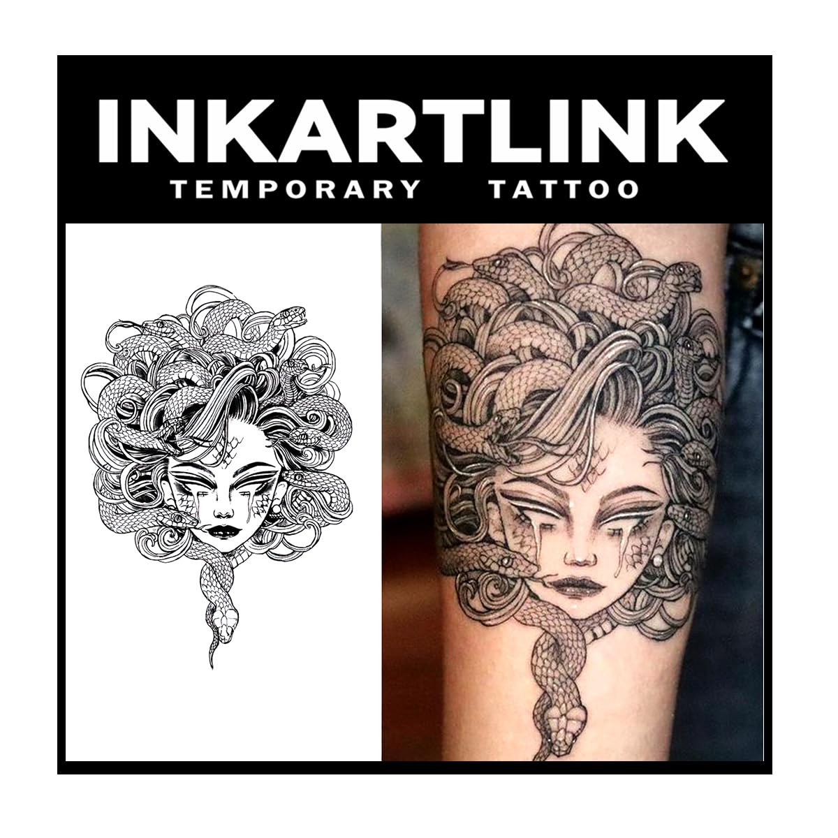 Inkartlink Medusa Design Temporary Tattoo - 2 Sheets, Waterproof, Lasts 1-2 Weeks, Realistic Look