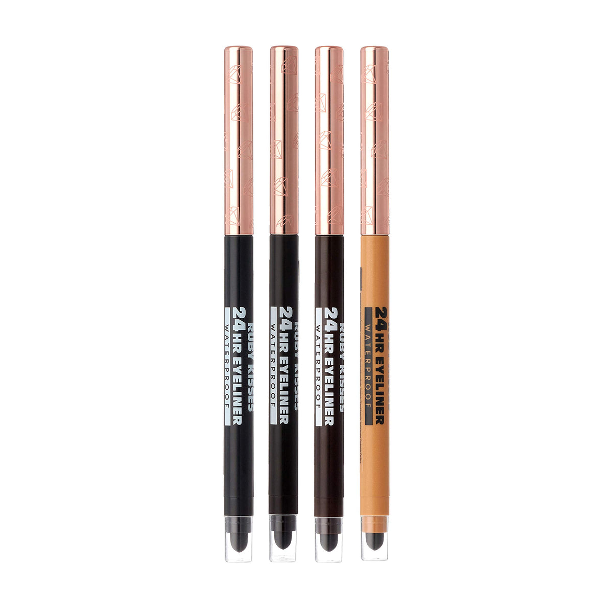 Ruby Kisses 24Hr Waterproof Eyeliner Pencil Set - Smudgeproof, Built-In Sharpener, 4 Colors