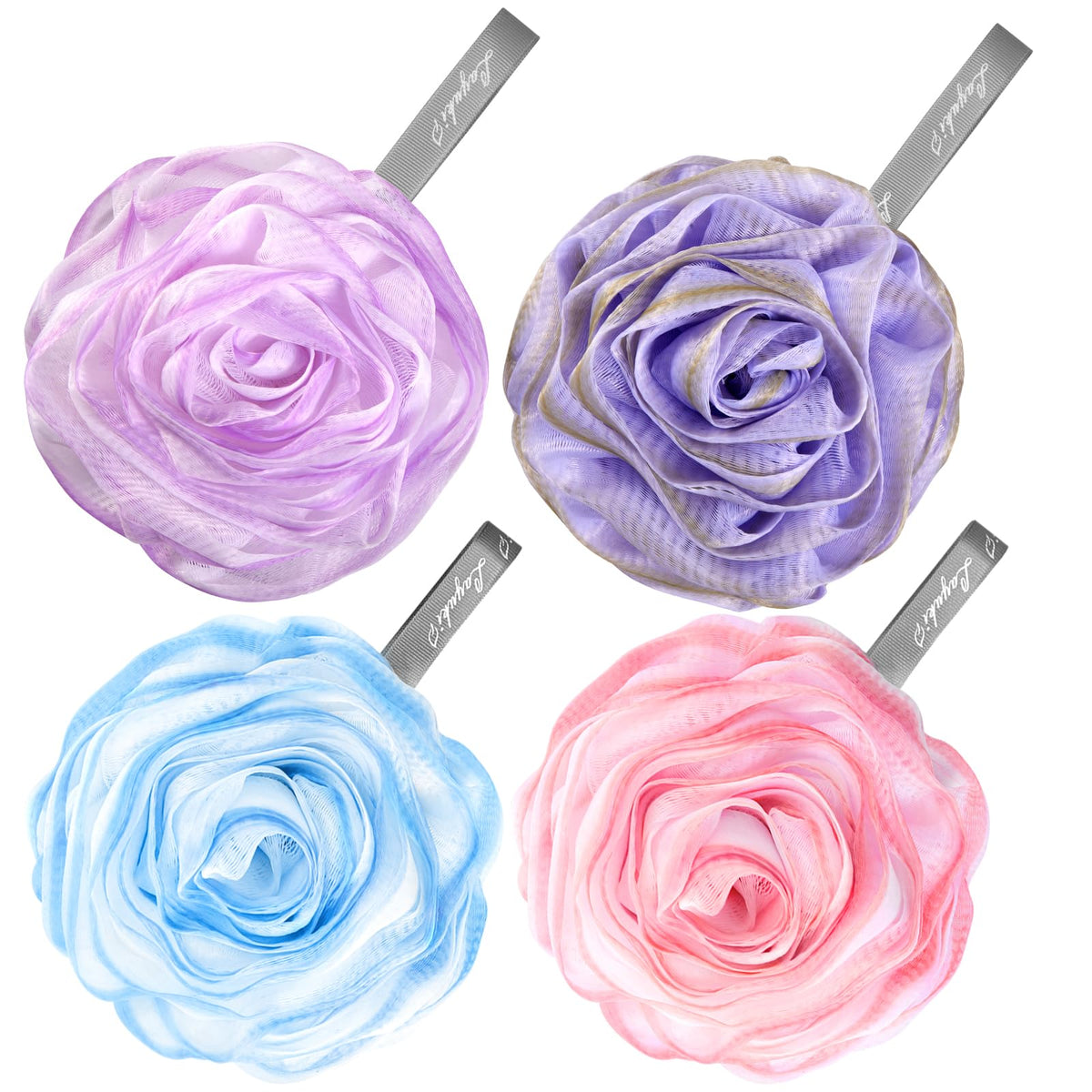 Layuki Rose-Shaped Bath Loofah Set Of 4 - Blue-Pink-Purple-Grey Body Scrubbers