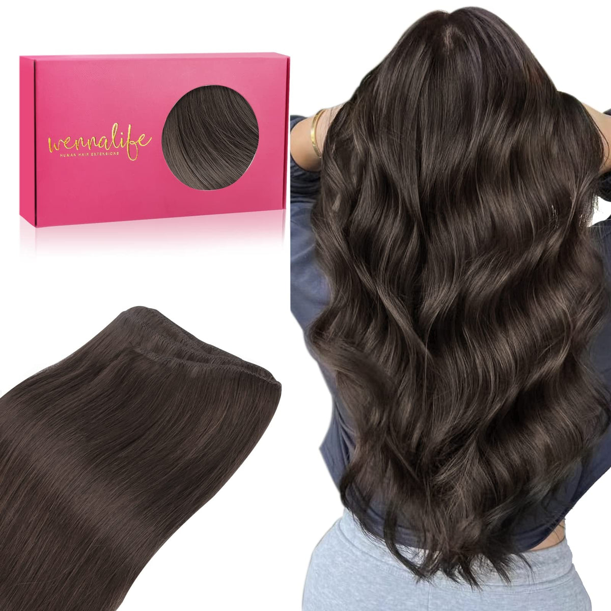 WENNALIFE 18&quot; Dark Brown Human Hair Sew in Extensions 90g Machine Weft Hand Tied Weft