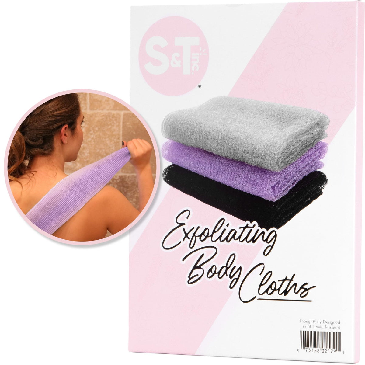 S&T Inc. Exfoliating Back Scrubber For Shower, 3 Pack, Assorted Purple, 11.8&quot;X35.