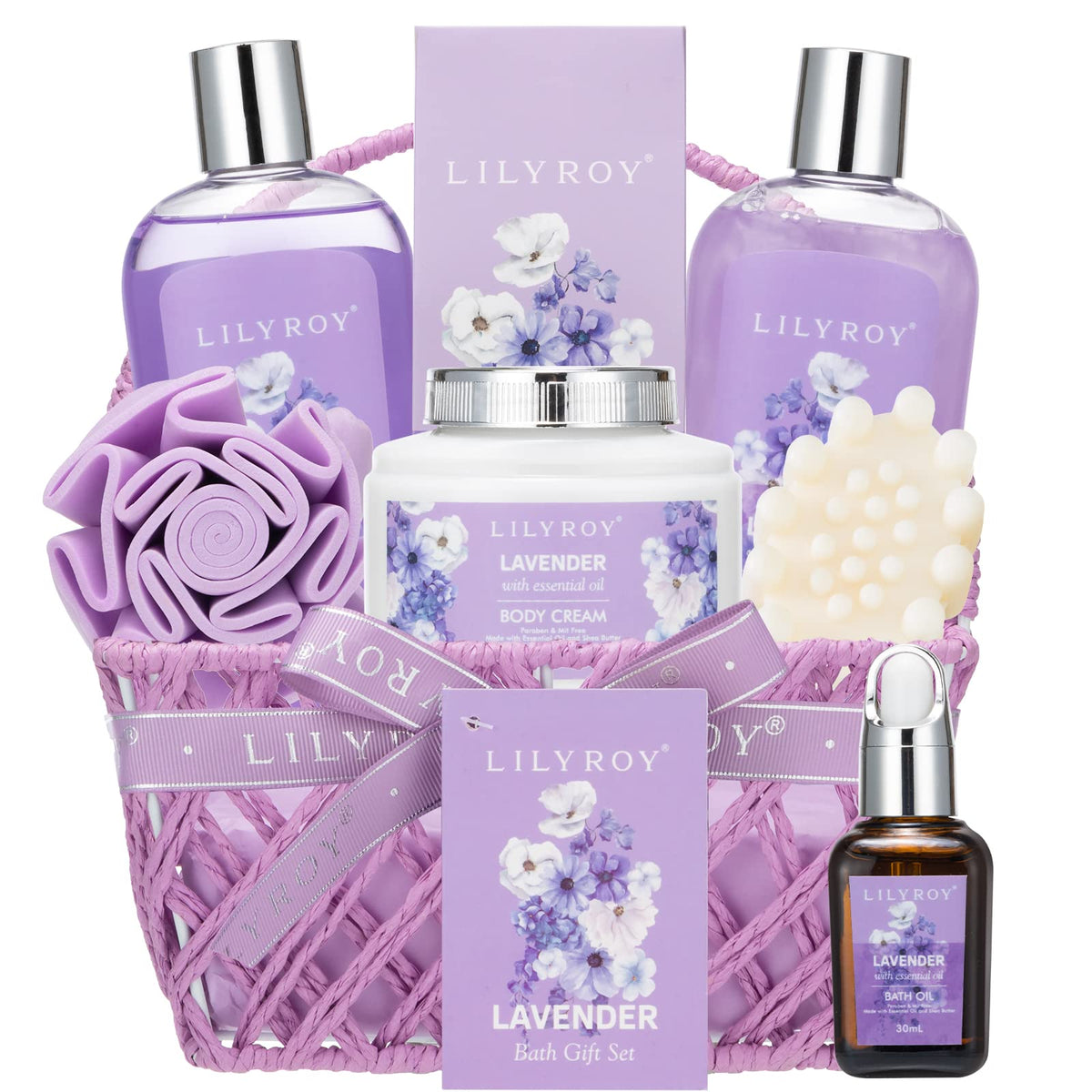 Lily Roy Lavender Bath & Body Gift Basket - 8 Pcs Home Spa Set For Women & Men, Perfect Gift