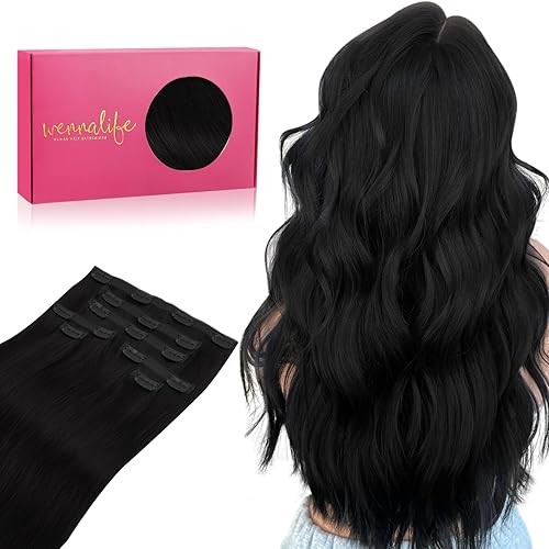 WENNALIFE Jet Black 14&quot; Human Hair Seamless Clip-in Extensions 7pcs Ultra Invisible 130g