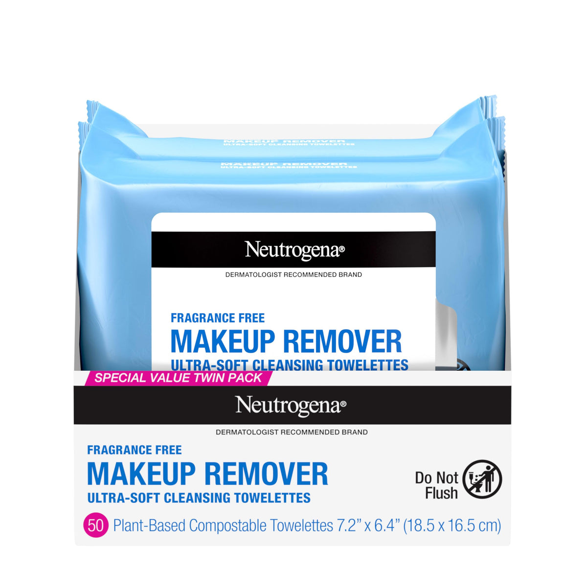 Neutrogena Cleansing Makeup Remover Wipes, Fragrance Free, 50 Count, Alcohol-Free, Plant-Based