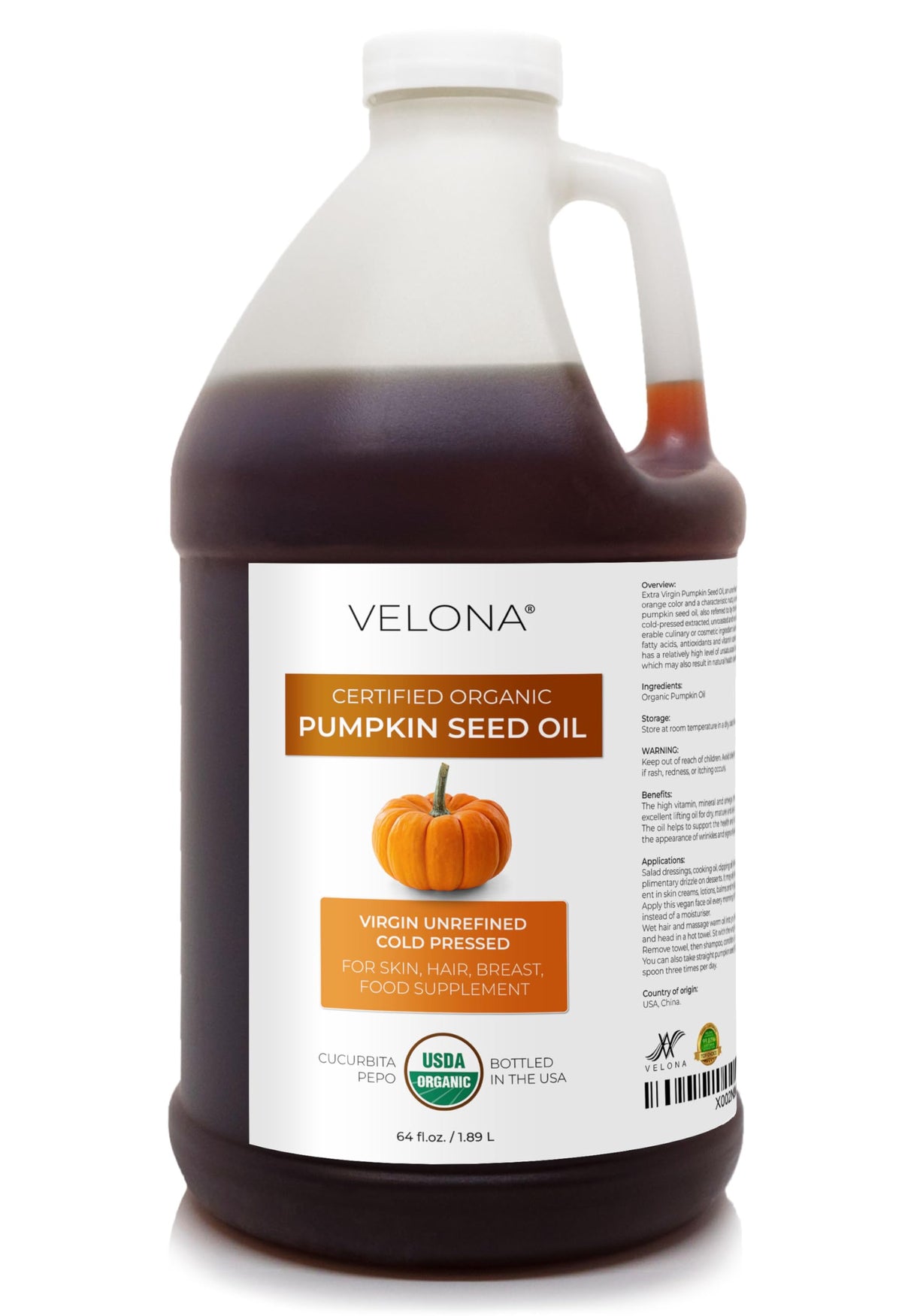 Velona Usda Organic Pumpkin Seed Oil - 64 Fl Oz, 100% Pure, Unrefined, Cold Pressed Carrier Oil