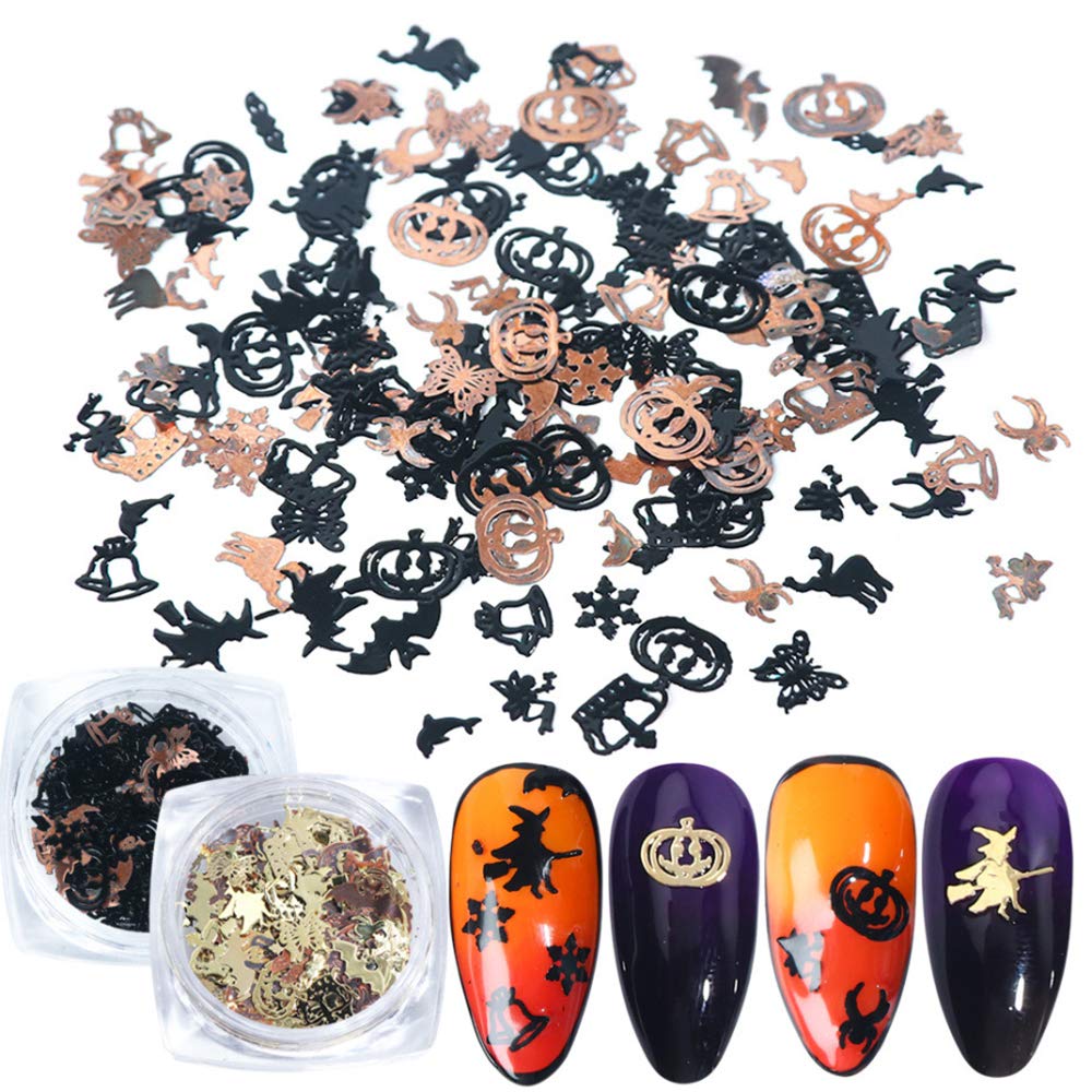 Couturebridal Halloween Nail Art Glitter Sequins - Black Gold Paillettes For Party Decor 2 Boxes