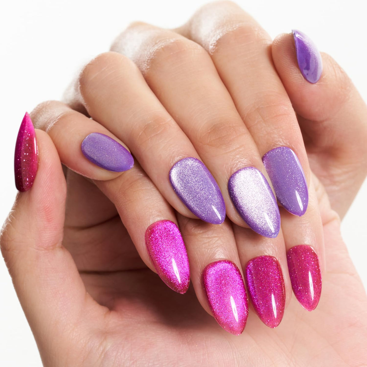 Glamermaid Hot Pink Purple Cat Eyes Press On Nails - Short Almond Reusable Jelly Gel Set