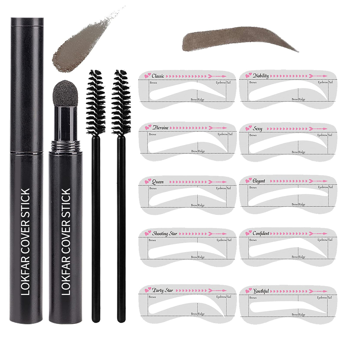 Lokfar Eyebrow Stamp Stencil Kit - Waterproof Brow Definer With 10 Stencils & 2 Brushes (Gray Black)