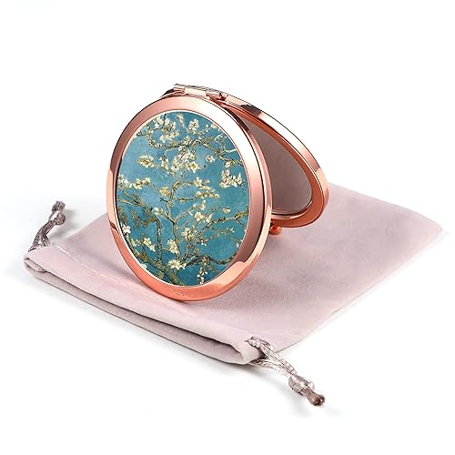 Dynippy Rose Gold Compact Mirror - Double-Sided 2x 1x Magnification, Portable Hand Mirror, Almond Blossom