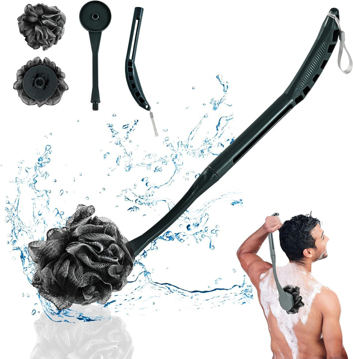 Uhiagree 20.5'' Loofah With Handle - Replaceable Body Scrubber For Skin Health, Dark Black