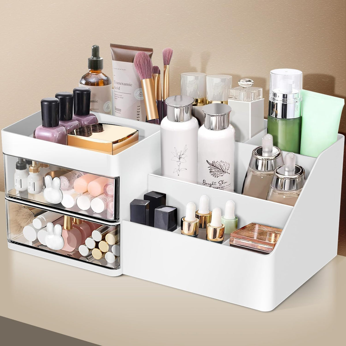 Lexvss Makeup Organizer - White-Clear Cosmetic Storage Box With Drawers For Vanity & Countertop