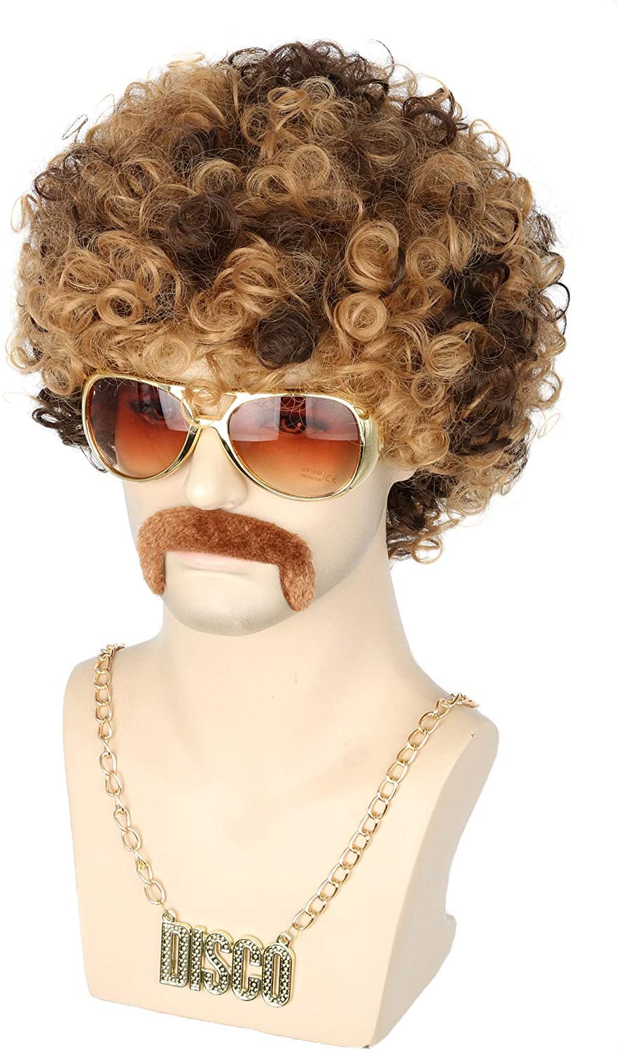 Topcosplay 70S 80S Disco Afro Wig - Short Curly Blonde Mixed Brown Halloween Costume Wig