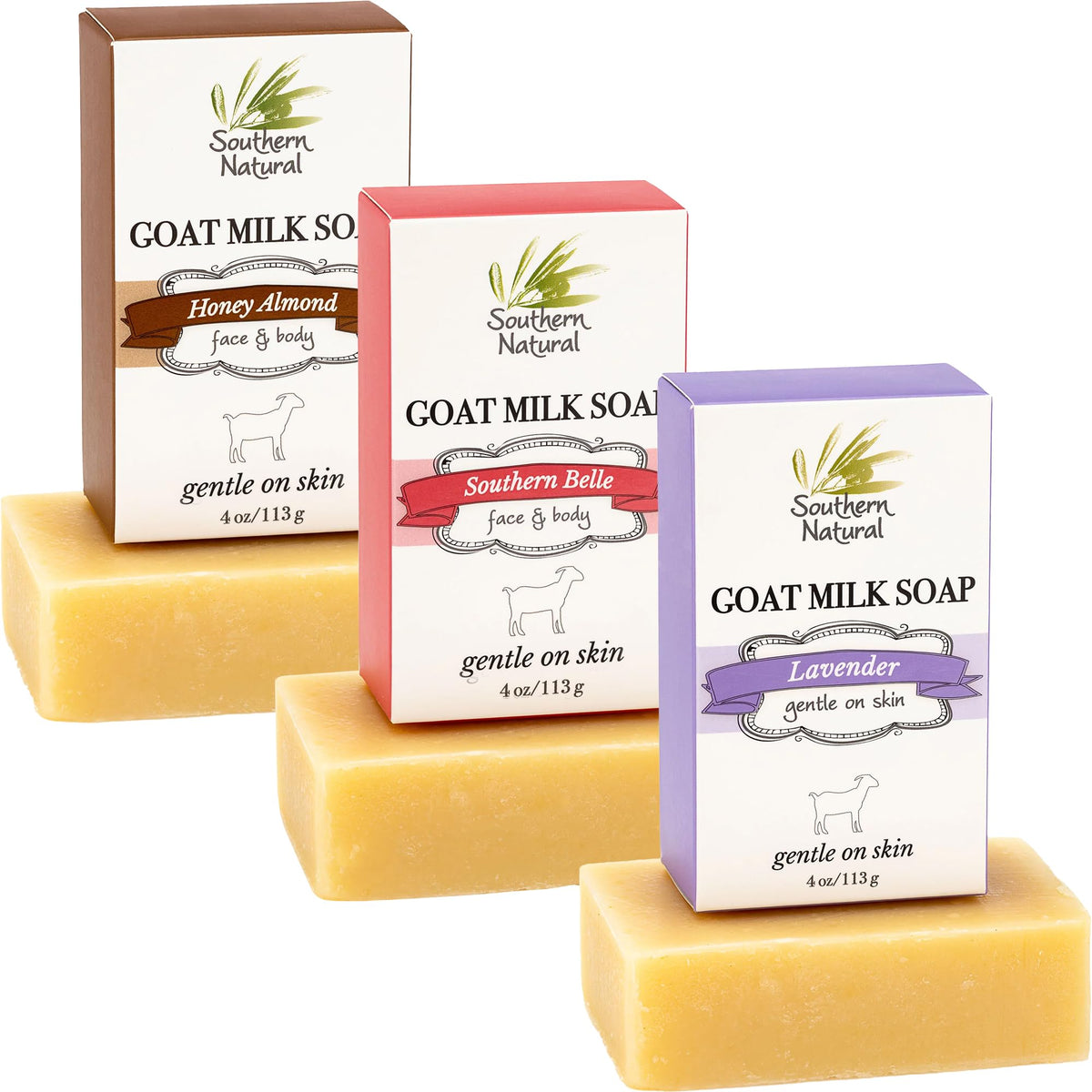 Southern Natural Goat Milk Soap Bar Variety Pack - Lavender, Southern Bell, Honey Almond, 4 Oz Each