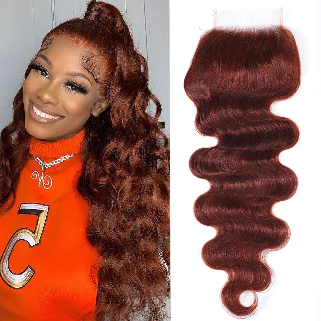 UNICE 18&quot; Reddish Brown Body Wave Lace Closure, Brazilian Remy Human Hair, 4x4 Free Part