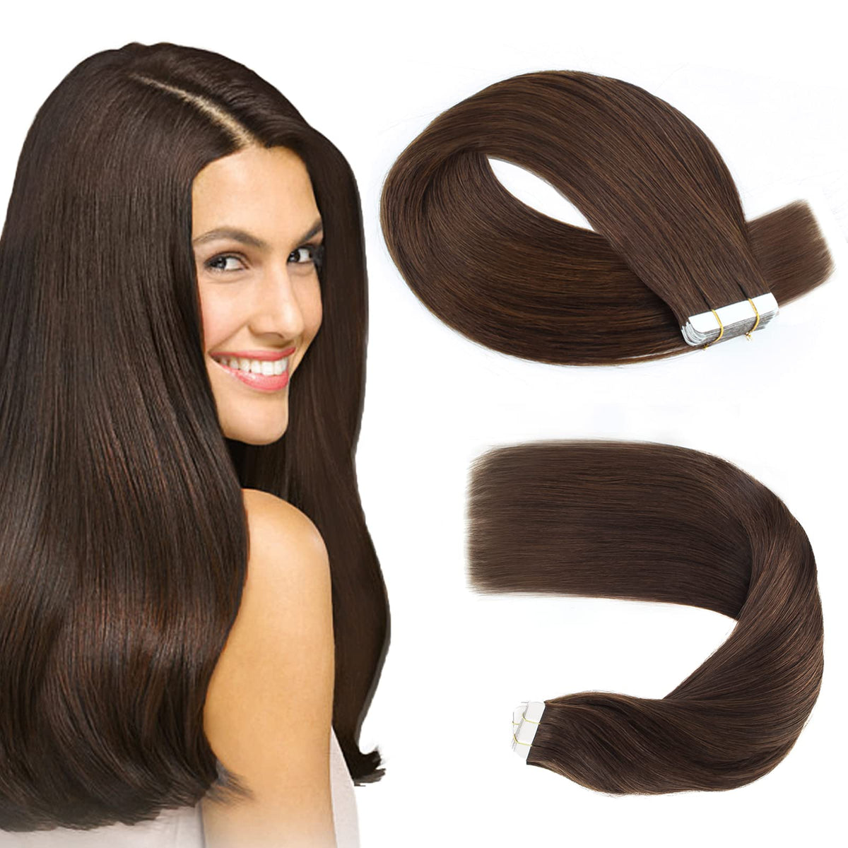 Sassina 16&quot; Dark Brown Tape In Human Hair Extensions, Seamless Skin Weft, 50G, 20 Pieces