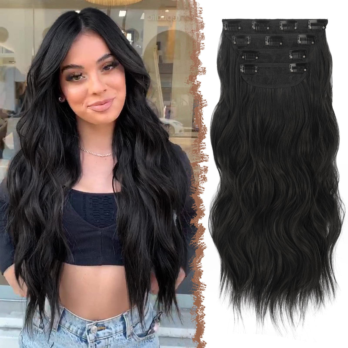 Feshfen 20&quot; Clip In Hair Extensions, Natural Black, 4Pcs Wavy Synthetic Hairpieces, 180G