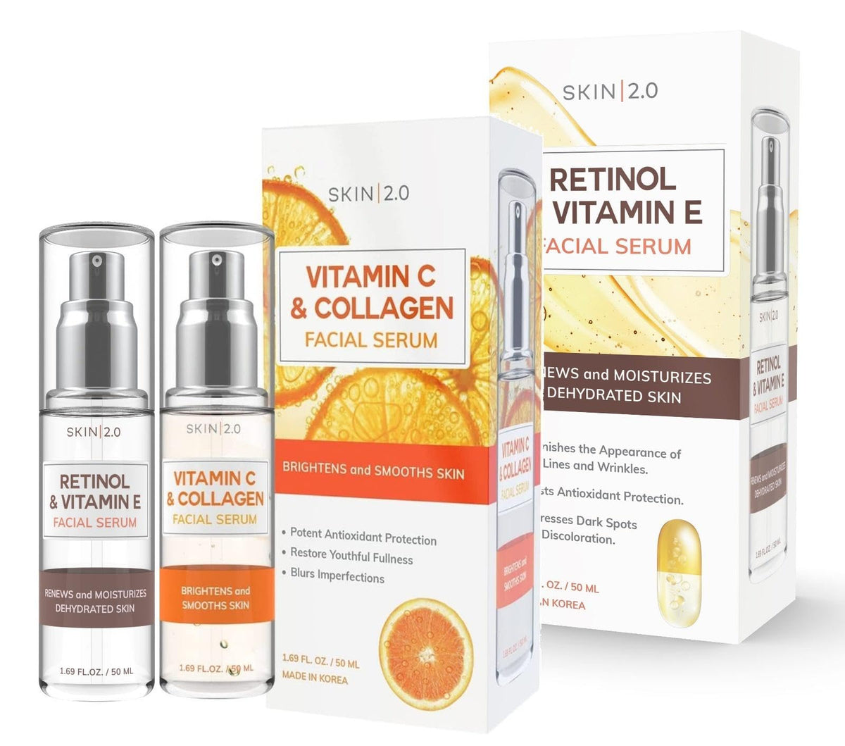 Skin 2.0 Vitamin C & Collagen + Retinol Facial Serum Set - Anti-Aging, Dark Spot Remover 2-Pack