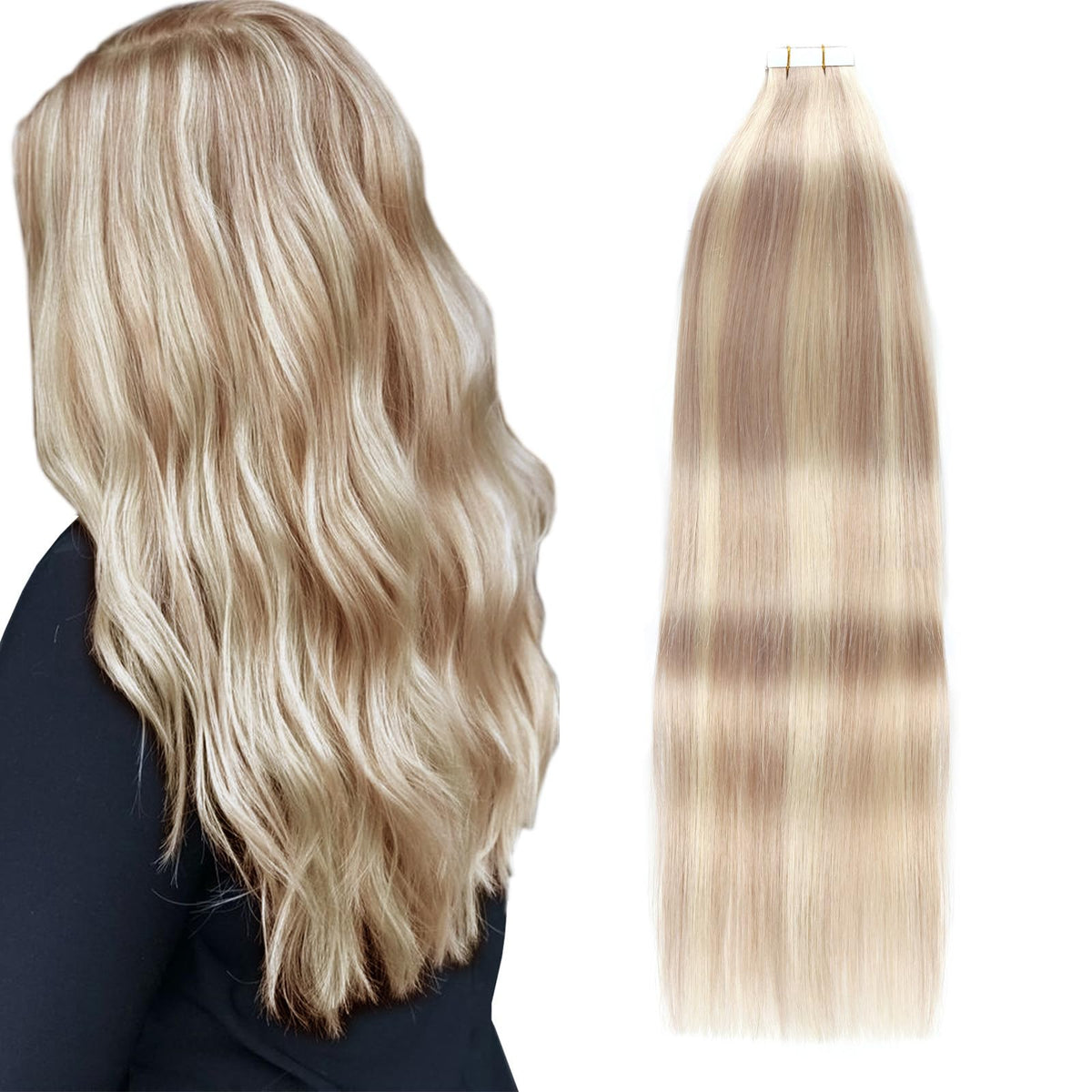 Ymeyme 20Pcs Tape In Hair Extensions, 18&quot; Human Hair, Ash Brown To Bleach Blonde, Seamless