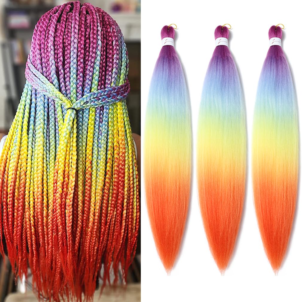 Yuccaha 30&quot; Pre Stretched Crochet Twist Braids - 3 Packs, Synthetic Fiber, Red Purple-Light Blue -Yellow-