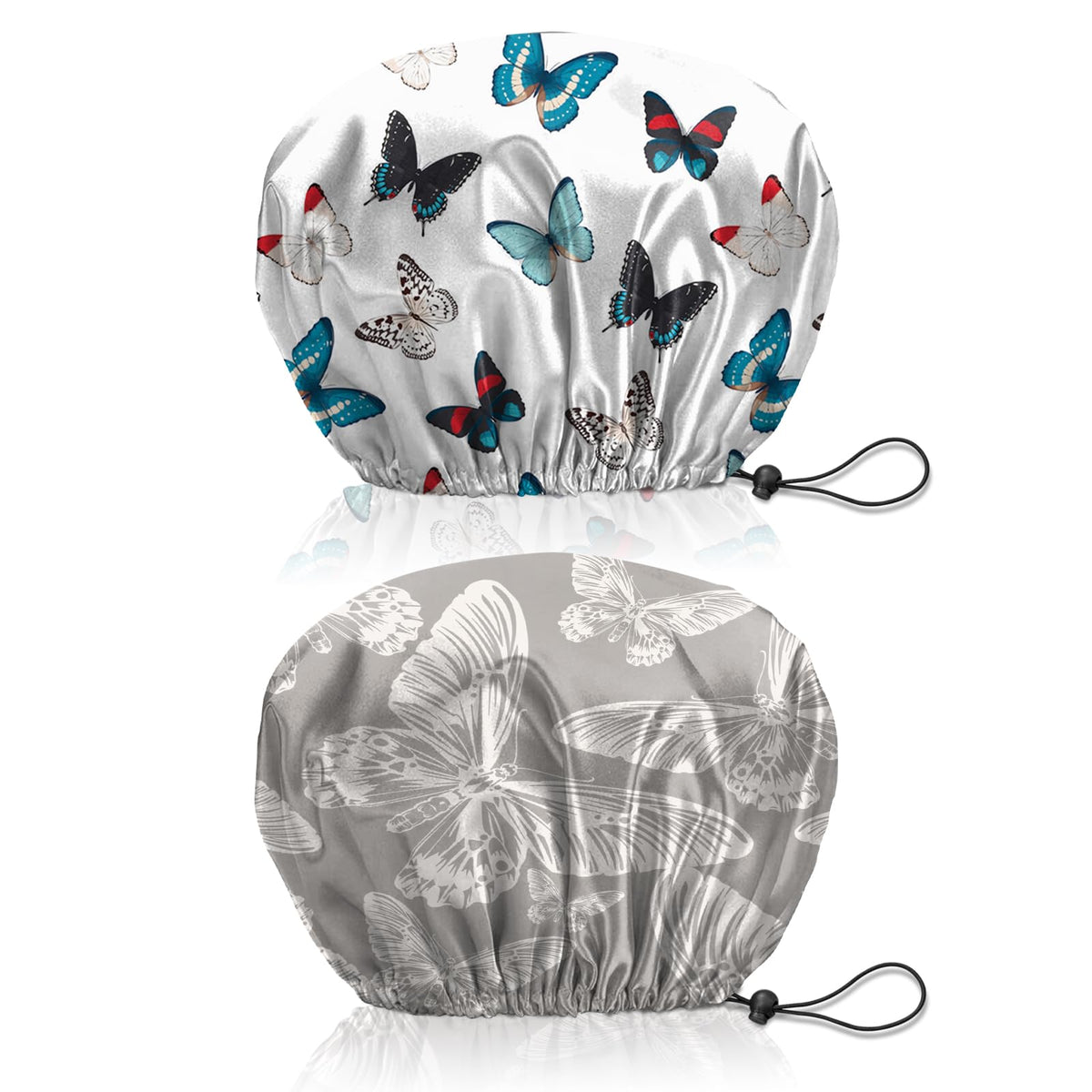 Bhahb Reusable Waterproof Shower Cap - 2 Pcs Double Layer Adjustable Hair Bath Caps, Butterfly Design