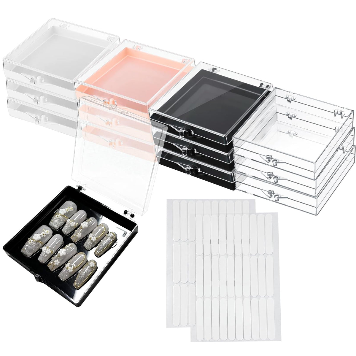 Sawvolker 12 Pcs Acrylic Nail Storage Box With 60 Adhesive Tapes - Nail Art Organizer