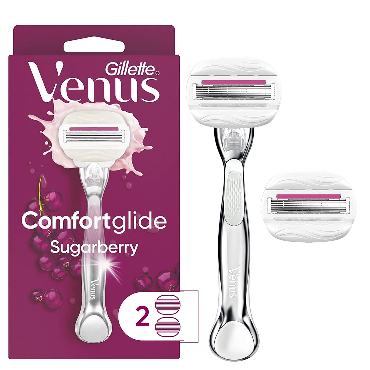 Gillette Venus Comfortglide Razor With Olay Sugarberry, Silver Handle + 2 Blade Refills