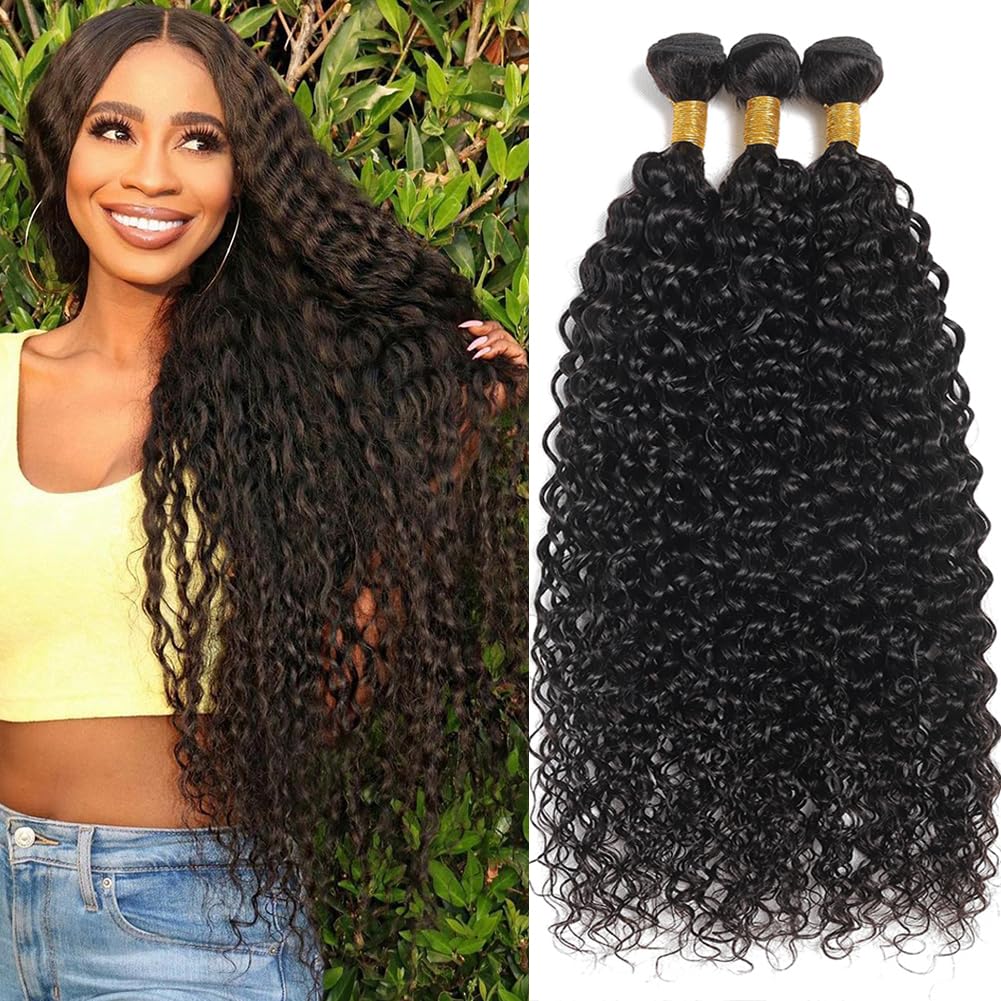 Seekomi 18 20 22 Inch Water Wave Bundles - 100% Unprocessed Human Hair, Natural Black Color