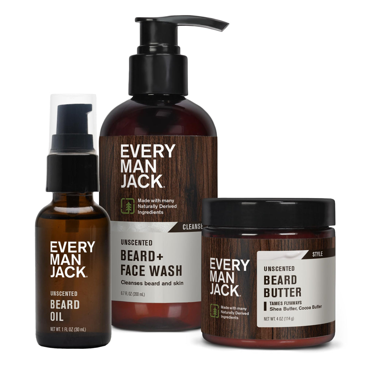 Every Man Jack Unscented Beard Bundle - Beard & Face Wash, Butter, Oil For Sensitive Skin