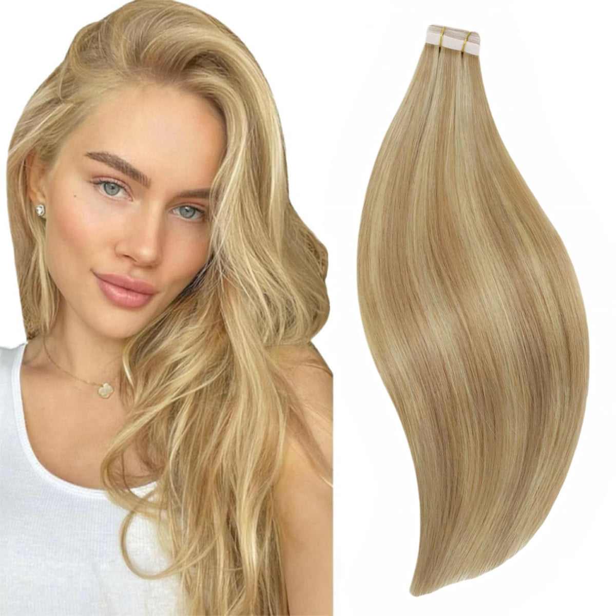 Runature 24&quot; Blonde Human Hair Tape-In Extensions, Invisible, Soft, 50G, 20Pcs, Double-Sided