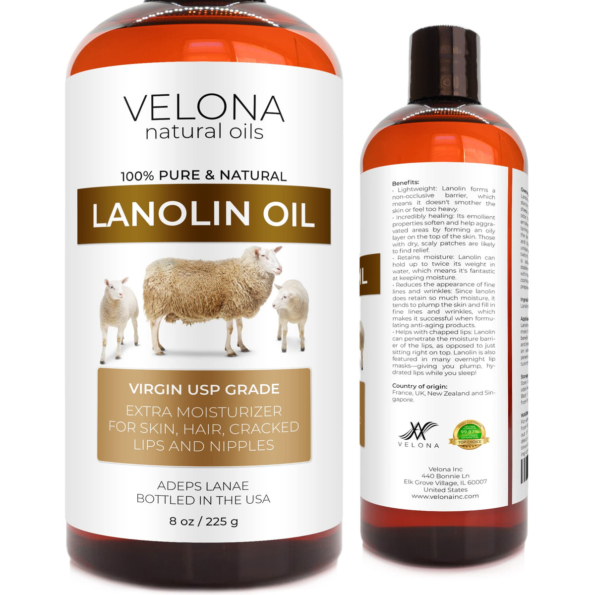 Velona 100% Pure Lanolin Oil USP Grade 8 fl oz - Moisturizing for Skin, Hair, Body & Face