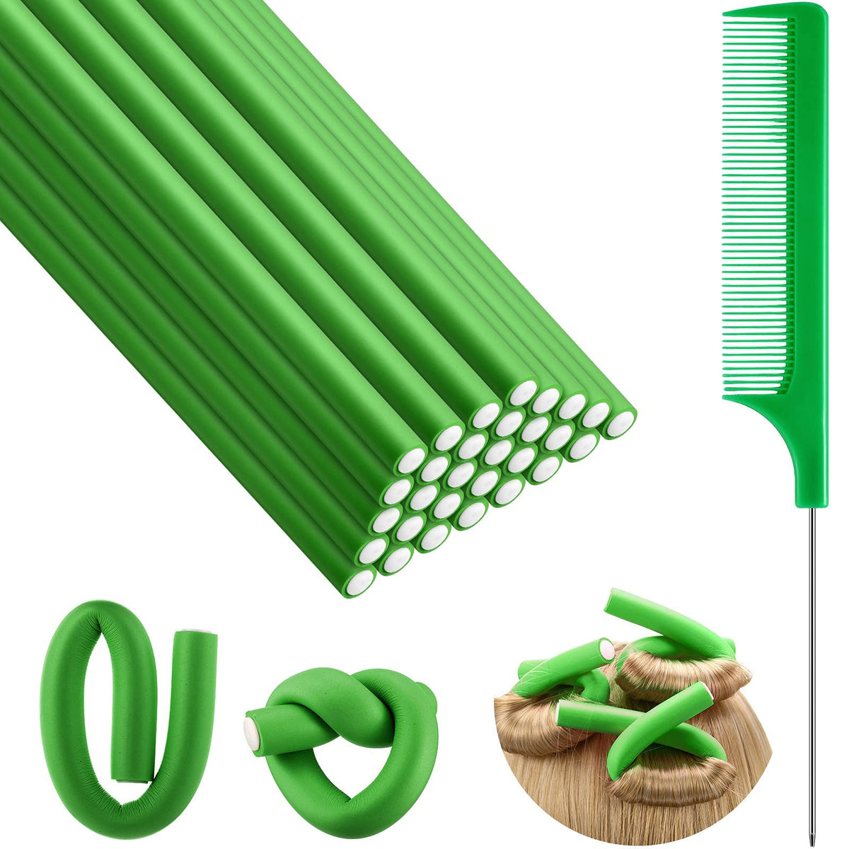 Syhood 30 Flexible Curling Rods Foam Hair Rollers, No Heat, 7x0.47 Inch, Green, with