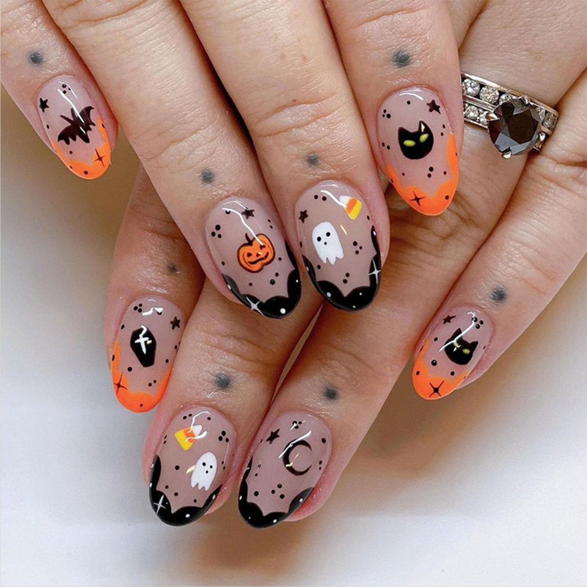 Xenophoer Halloween Press On Nails - Cute Pumpkin & Ghost Designs, 24 Pcs Oval Tips, Black Orange