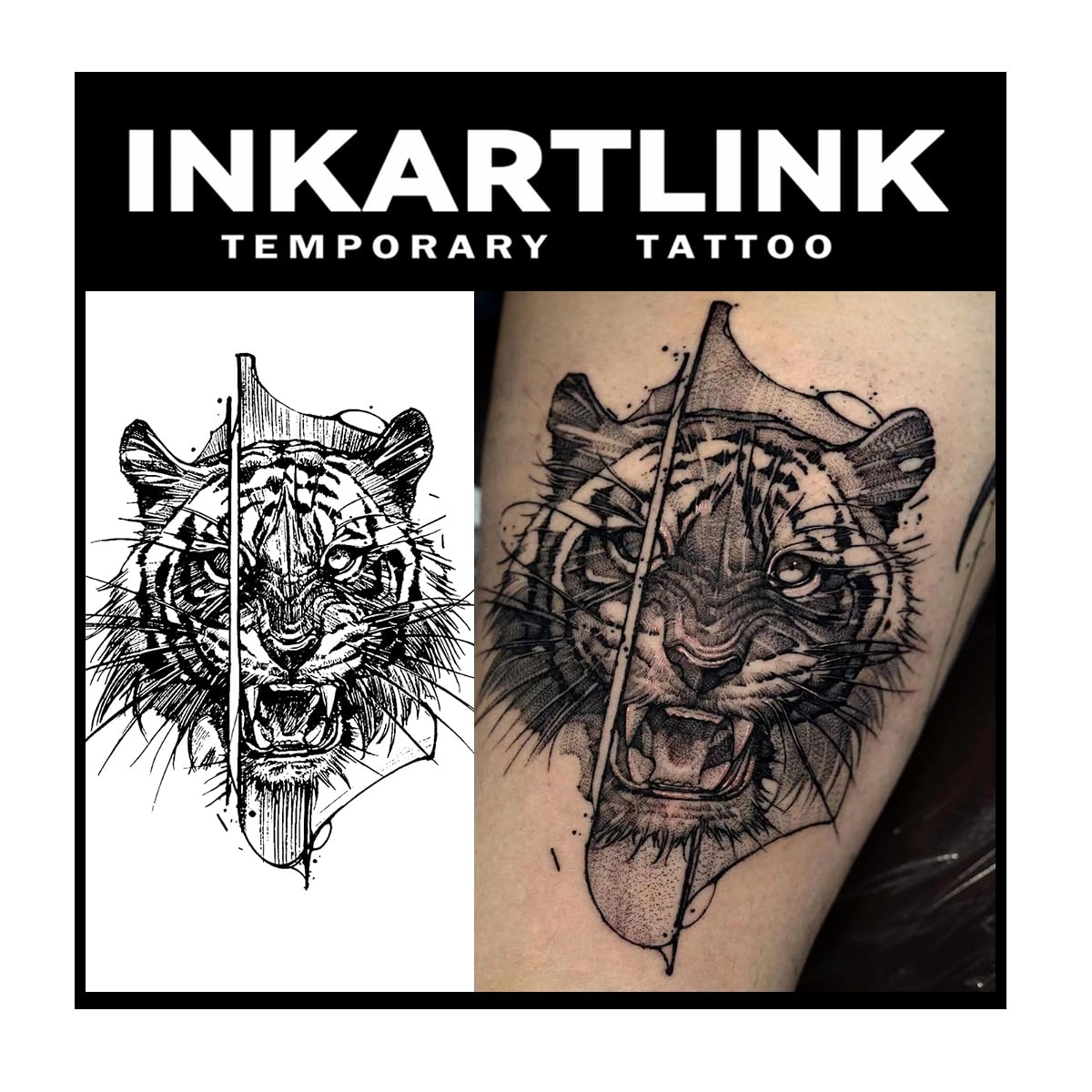 Inkartlink Large Semi-Permanent Tiger Tattoo - Waterproof, Realistic Design, Lasts 1-2 Weeks