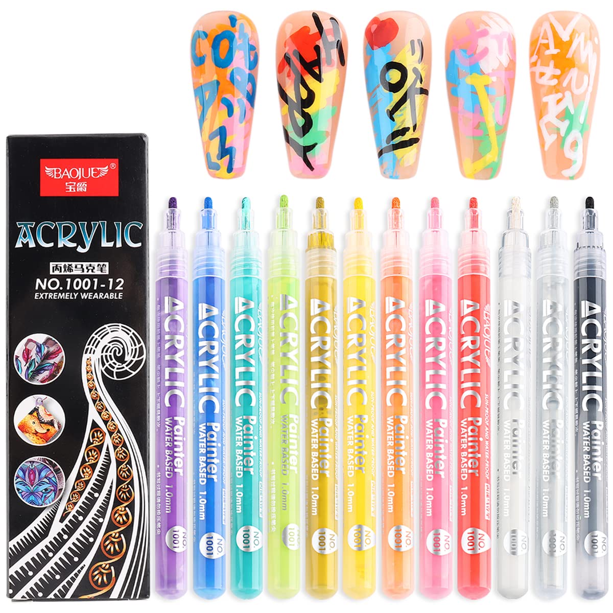 Fcozpjk Nail Art Graffiti Pen Set - 12 Waterproof Markers For Diy Nail Design, Neon & Black