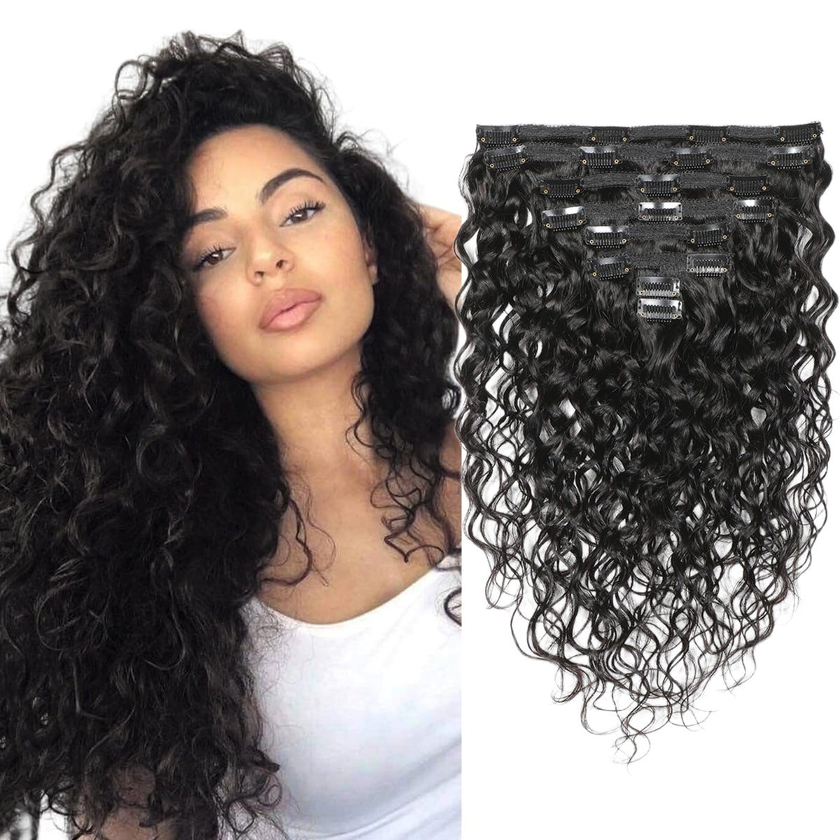 Doren 16&quot; Deep Curly Clip In Human Hair Extensions, 8Pcs 120G Remy Brazilian Water Wave, Natural