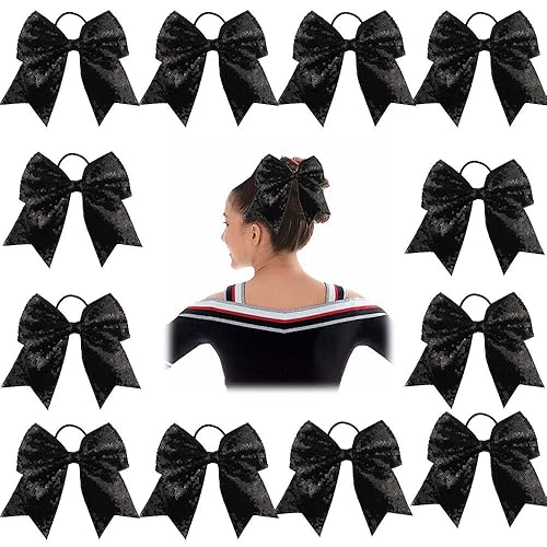 OAOLEER 12PCS 7&quot; Large Black Glitter Cheer Hair Bows for Teen Girls & College Sports