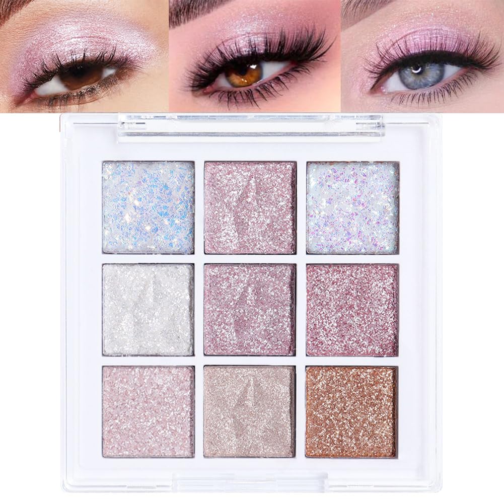 Flyeeo Glitter Eye Shadow Palette - 9 Warm Pastel Colors, Long Lasting, Waterproof Sparkle