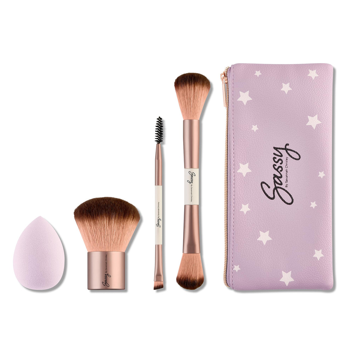 Sassy by Savannah Chrisley Brush Kit - 4 Pc Beauty Tool Set with Reusable Pouch, Cranberry