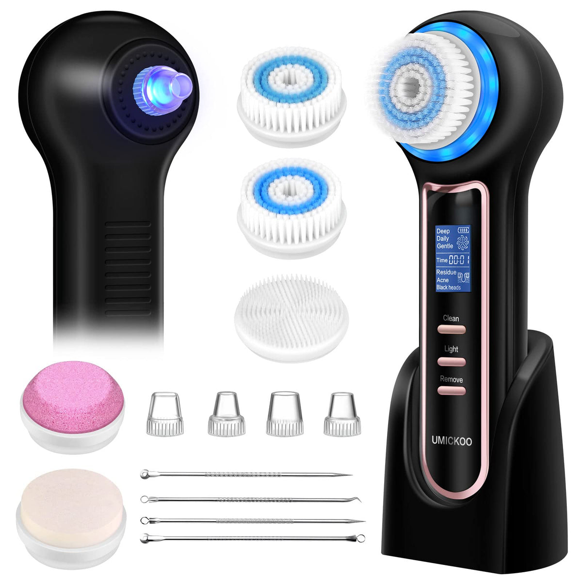 Umickoo Waterproof Face Scrubber Exfoliator With Lcd, 5 Brush Heads For Deep Cleansing