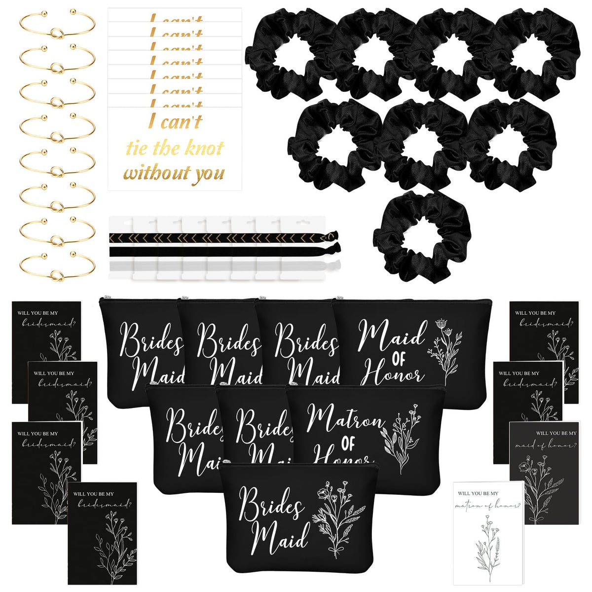 Cunno 48 Pcs Bridesmaid Proposal Gifts - Black Makeup Bags, Scrunchies & Bracelets Set